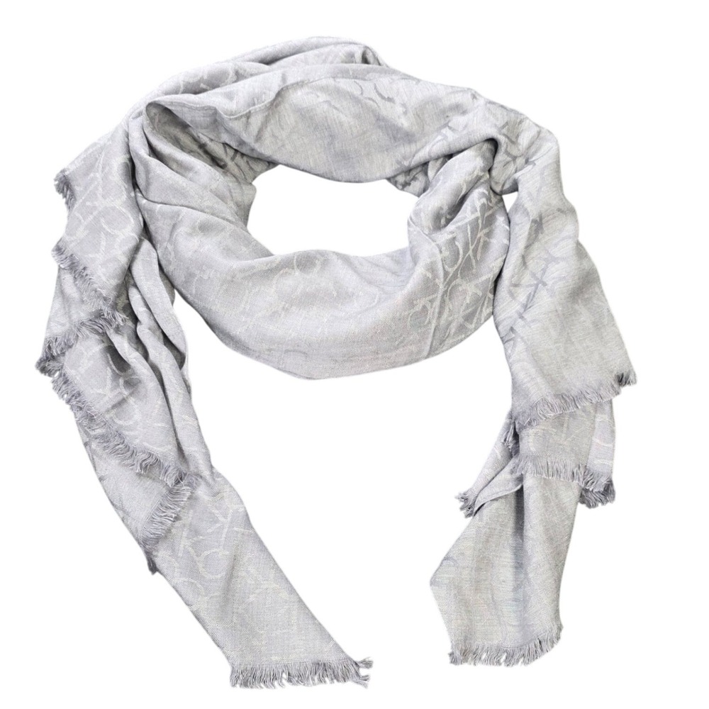 Calvin Klein Monogram Logo Scarf Women's Size Onesize Grey Wrap Eyelash‎ Fringe